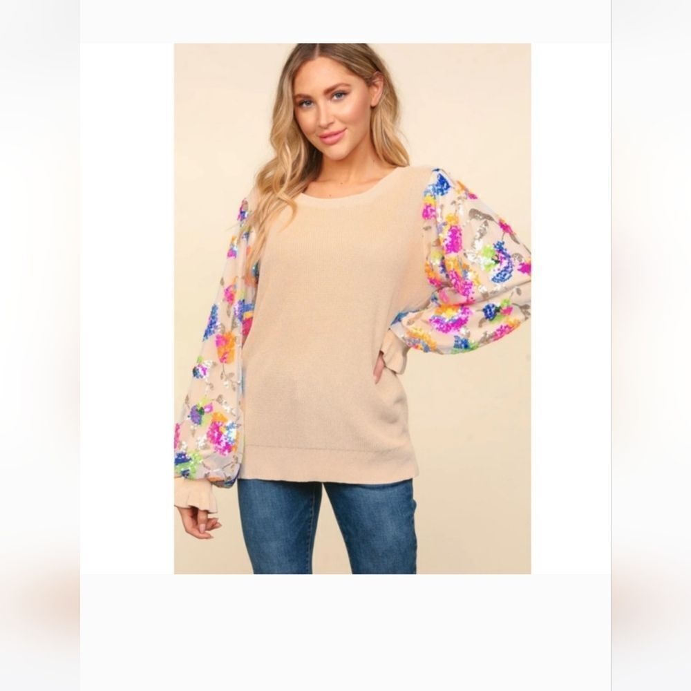 Tan Multi Color Sequin Sleeve Sweater NWOTS Size Large